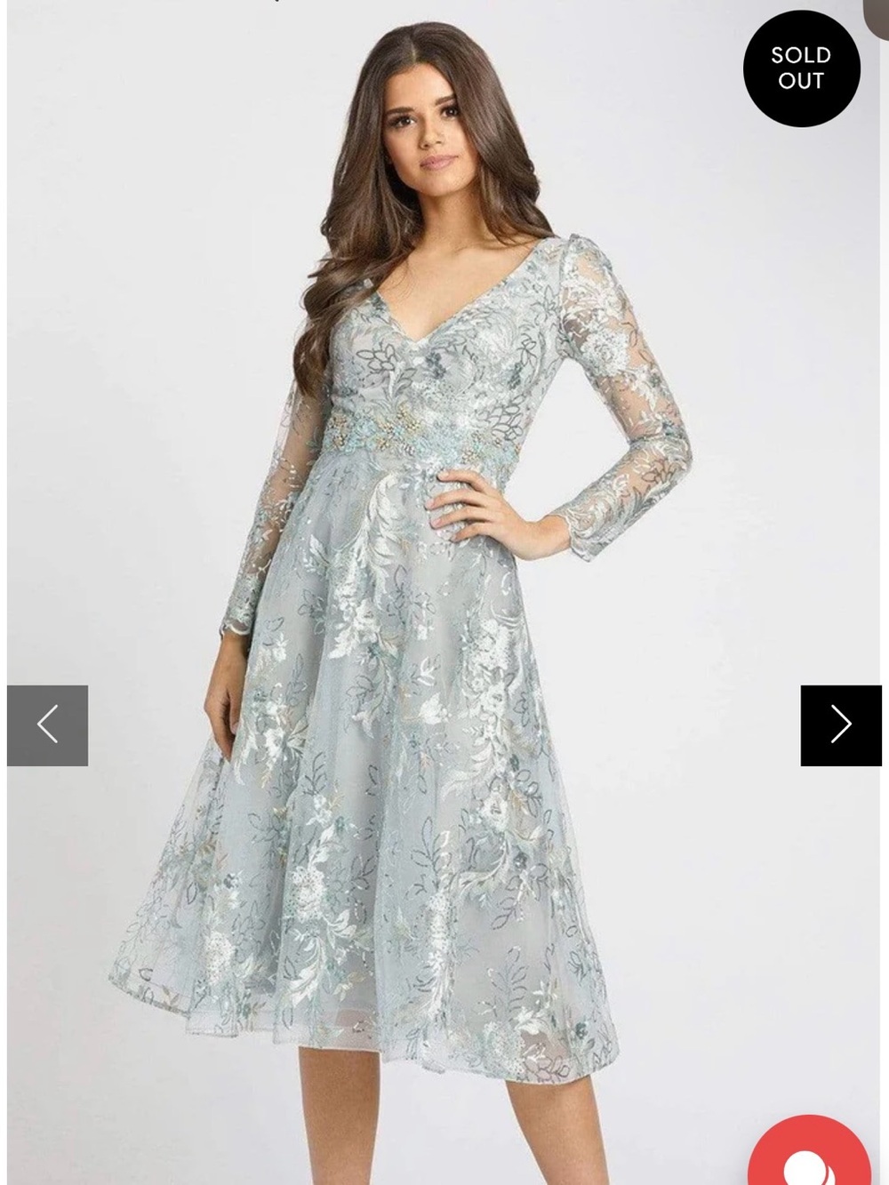 Mac Duggal Pale Blue Embroidered V-Neck Long Sleeve Midi Dress